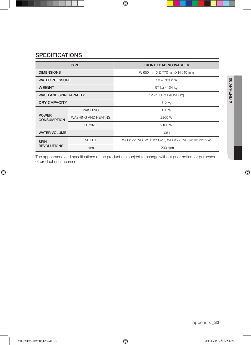Specifications | Samsung WD8122CVD User Manual | Page 33 / 144