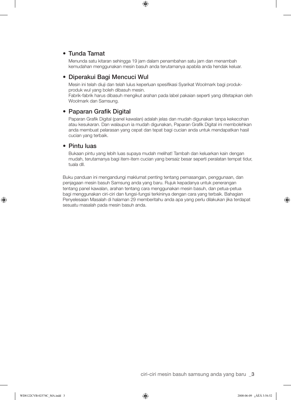 Tunda tamat, Diperakui bagi mencuci wul, Paparan graﬁk digital | Pintu luas | Samsung WD8122CVD User Manual | Page 39 / 144