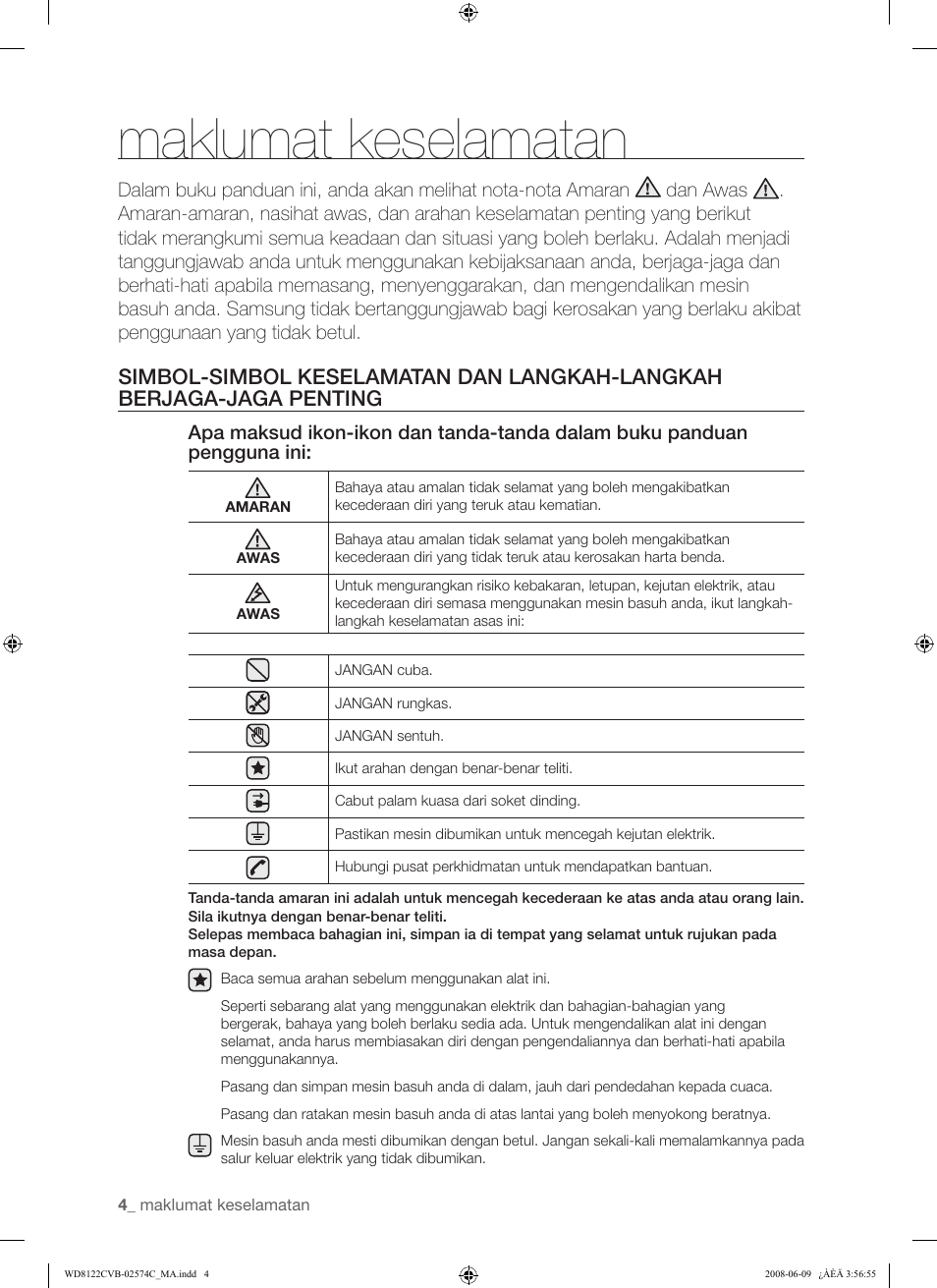 Maklumat keselamatan | Samsung WD8122CVD User Manual | Page 40 / 144