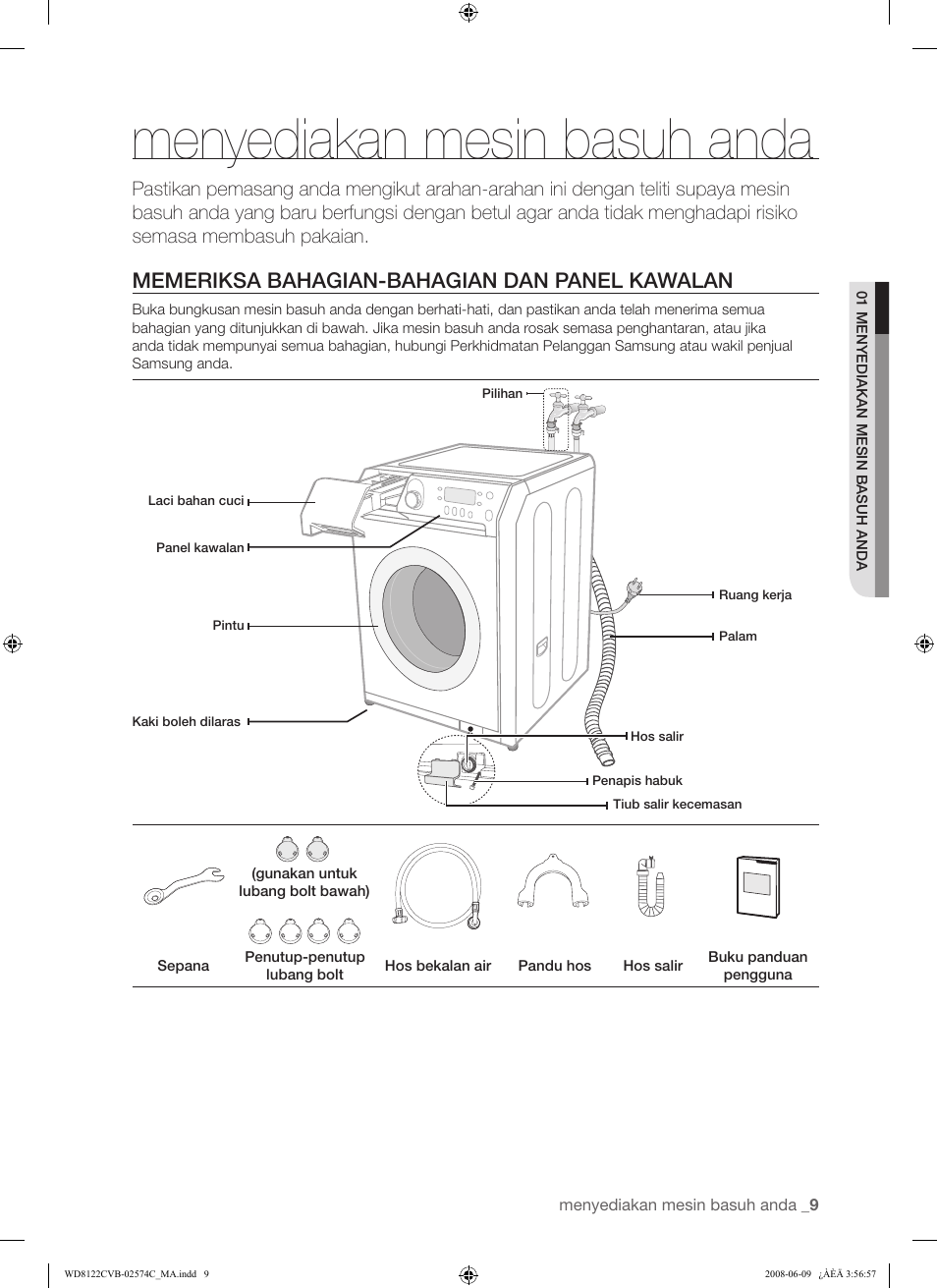 Menyediakan mesin basuh anda, Memeriksa bahagian-bahagian dan panel kawalan | Samsung WD8122CVD User Manual | Page 45 / 144