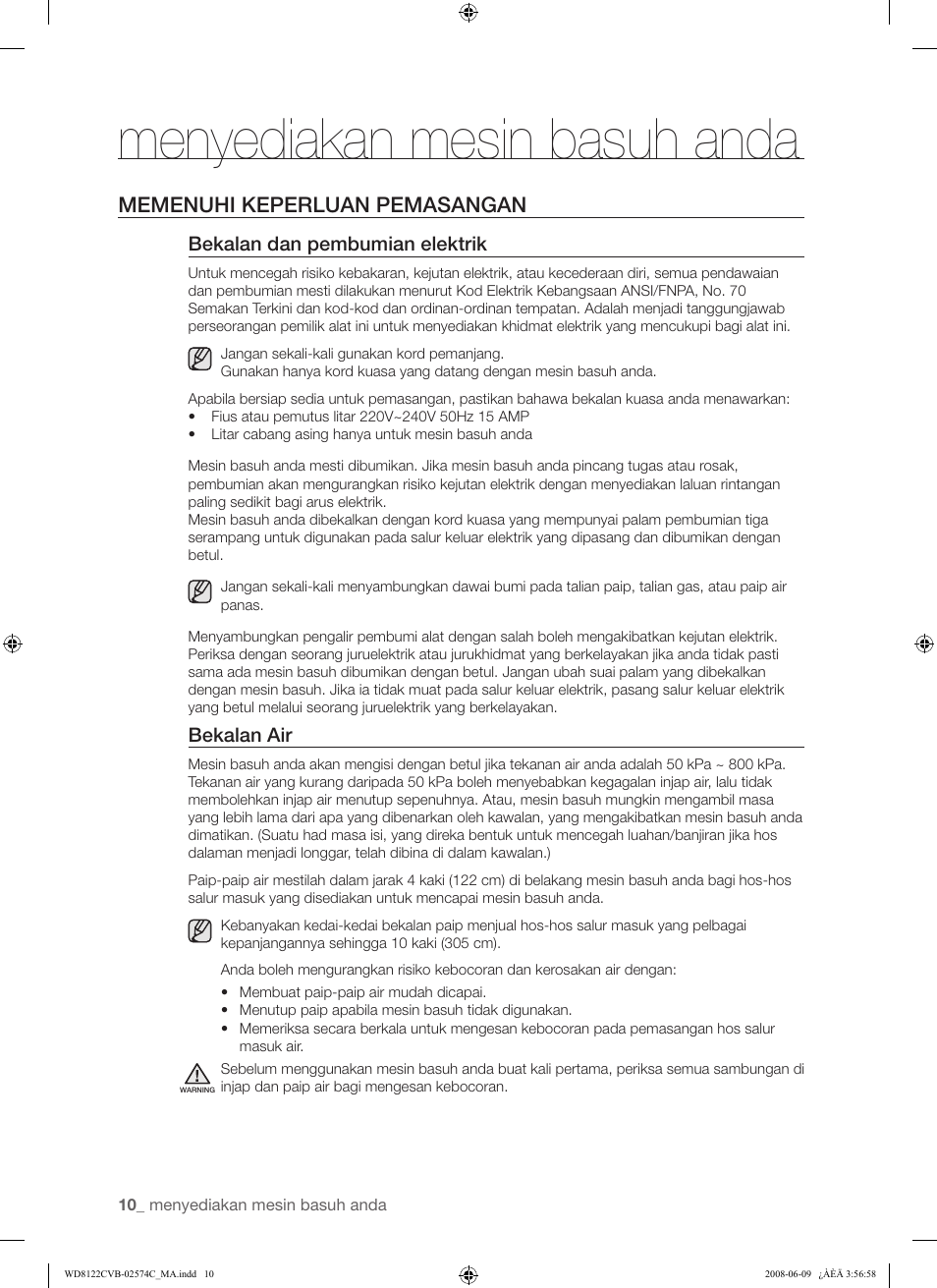 Menyediakan mesin basuh anda, Memenuhi keperluan pemasangan | Samsung WD8122CVD User Manual | Page 46 / 144