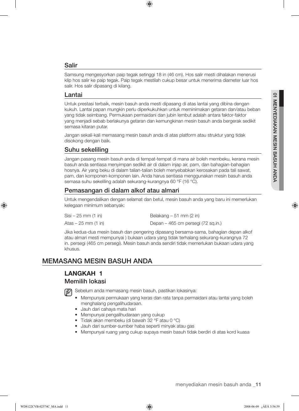 Memasang mesin basuh anda, Salir, Lantai | Suhu sekeliling, Pemasangan di dalam alkof atau almari, Langkah 1 memilih lokasi | Samsung WD8122CVD User Manual | Page 47 / 144