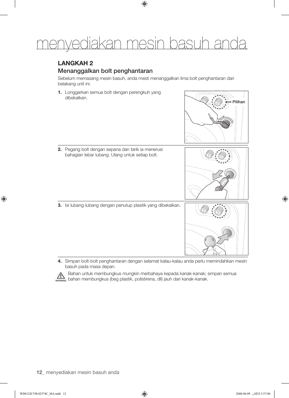 Menyediakan mesin basuh anda | Samsung WD8122CVD User Manual | Page 48 / 144