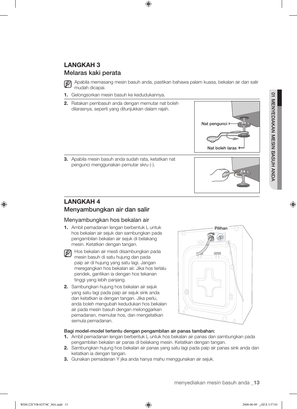 Langkah 3 melaras kaki perata, Langkah 4 menyambungkan air dan salir, Menyambungkan hos bekalan air | Samsung WD8122CVD User Manual | Page 49 / 144