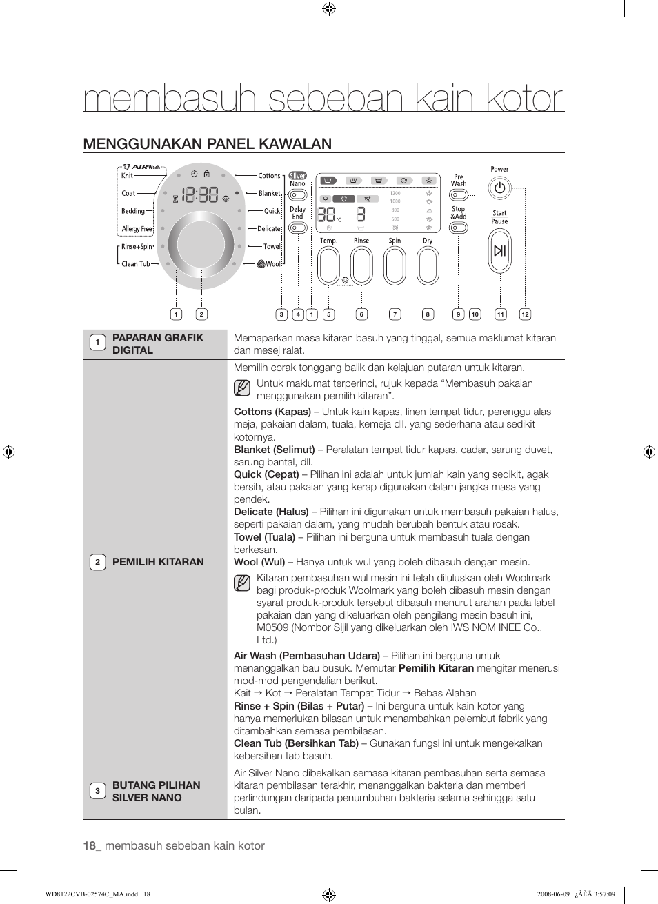 Membasuh sebeban kain kotor, Menggunakan panel kawalan | Samsung WD8122CVD User Manual | Page 54 / 144