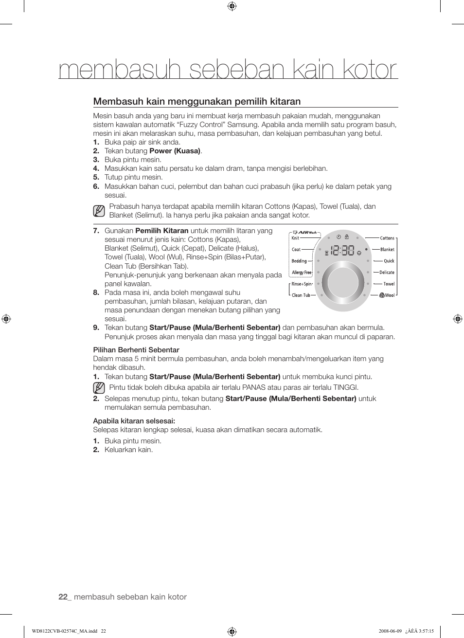 Membasuh sebeban kain kotor, Membasuh kain menggunakan pemilih kitaran | Samsung WD8122CVD User Manual | Page 58 / 144