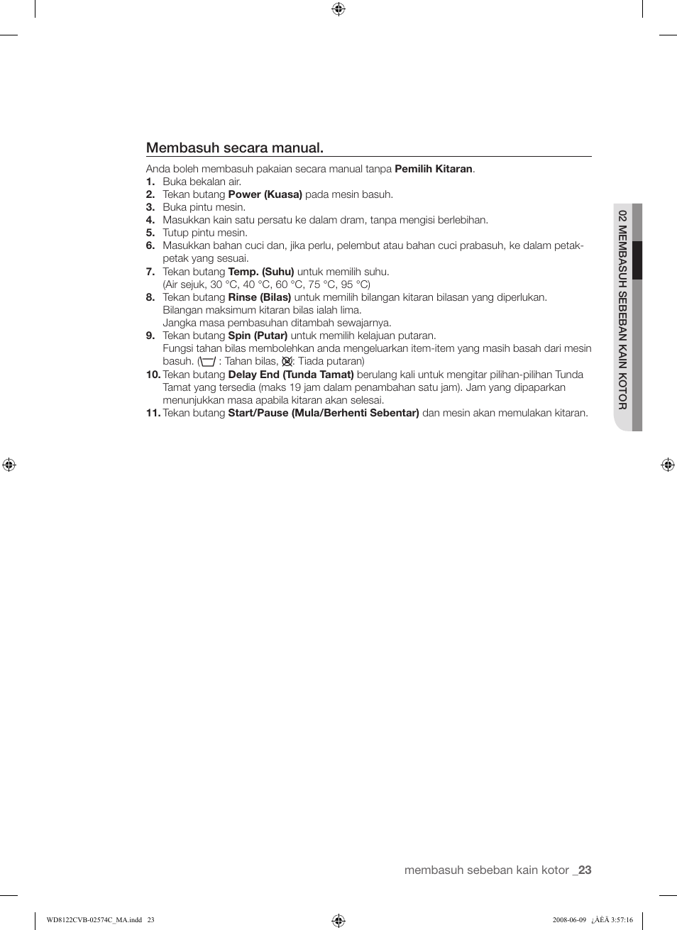 Membasuh secara manual | Samsung WD8122CVD User Manual | Page 59 / 144