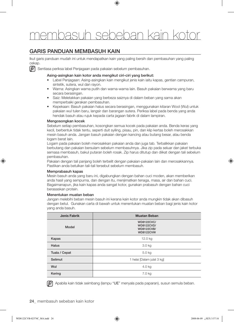 Membasuh sebeban kain kotor, Garis panduan membasuh kain | Samsung WD8122CVD User Manual | Page 60 / 144