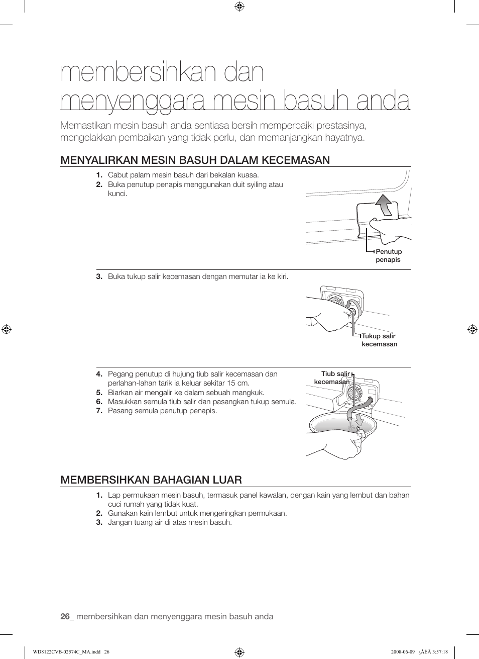 Membersihkan dan menyenggara mesin basuh anda | Samsung WD8122CVD User Manual | Page 62 / 144