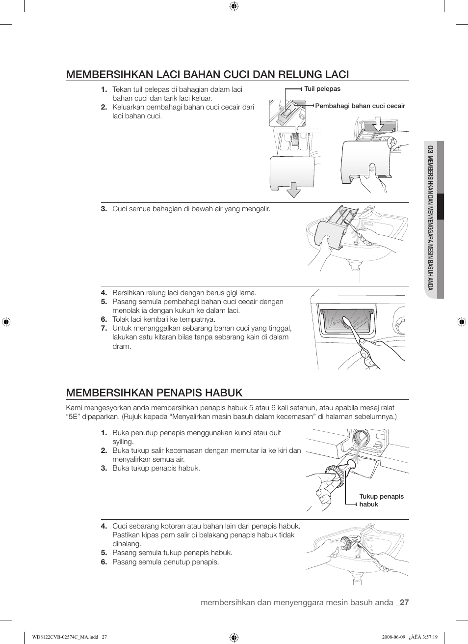 Membersihkan laci bahan cuci dan relung laci, Membersihkan penapis habuk | Samsung WD8122CVD User Manual | Page 63 / 144
