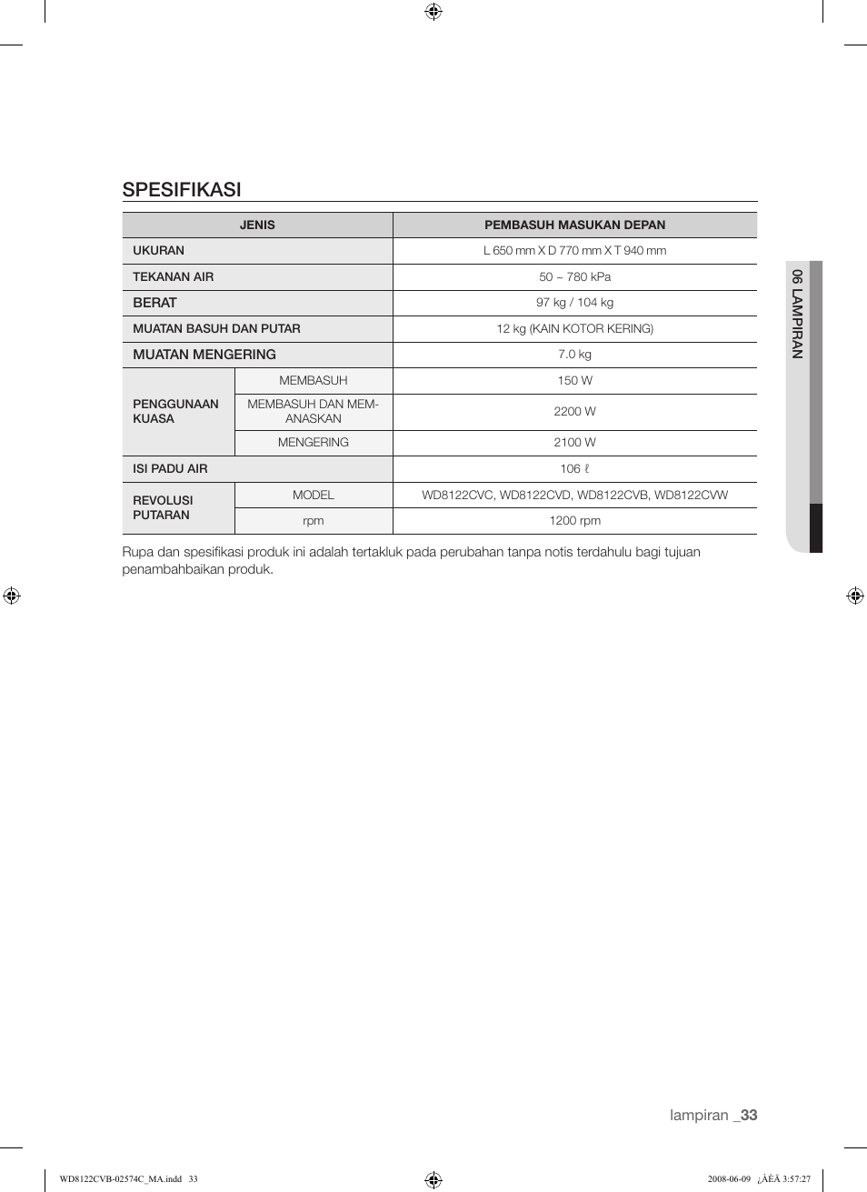 Spesifikasi | Samsung WD8122CVD User Manual | Page 69 / 144
