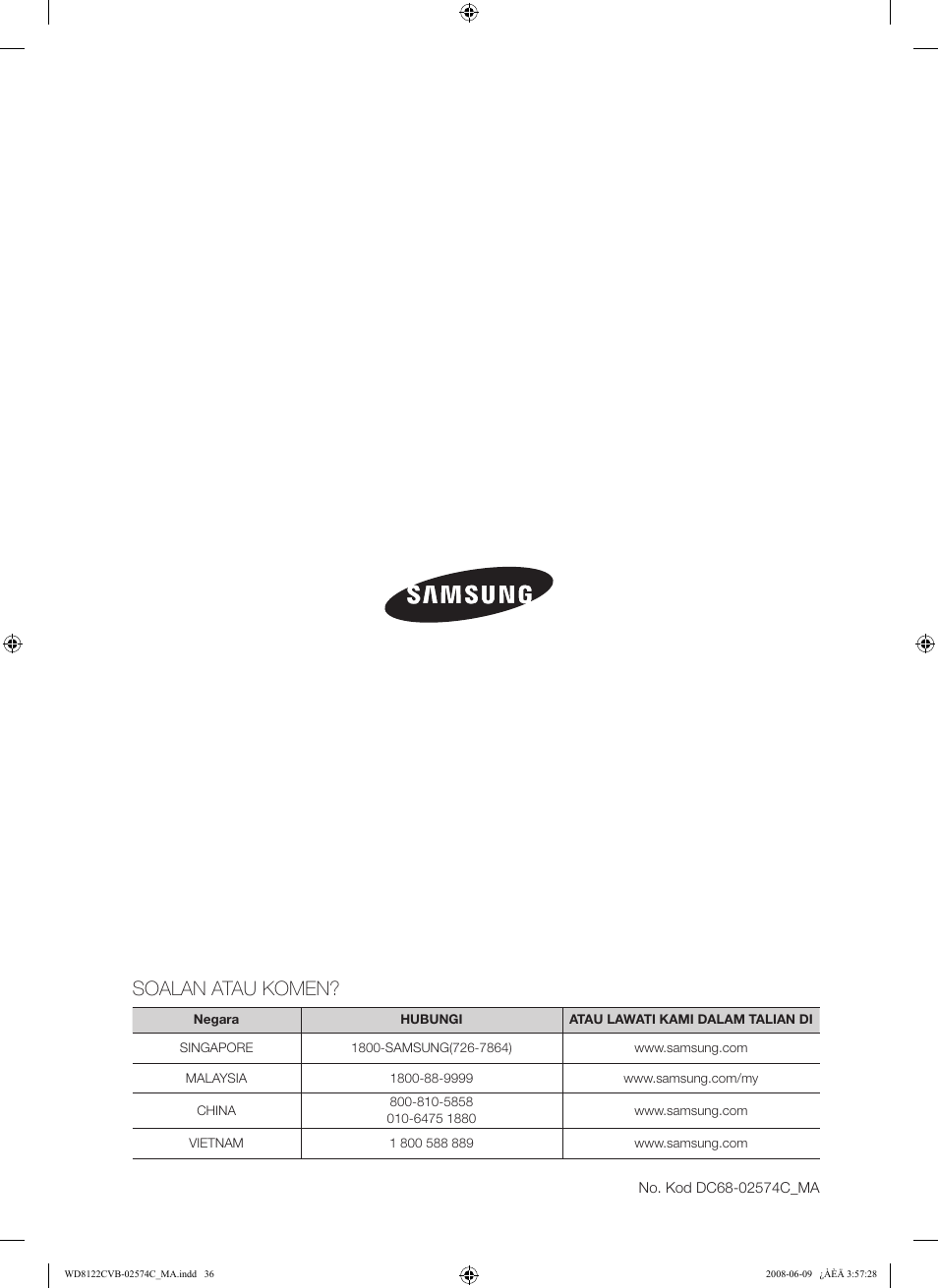Soalan atau komen | Samsung WD8122CVD User Manual | Page 72 / 144