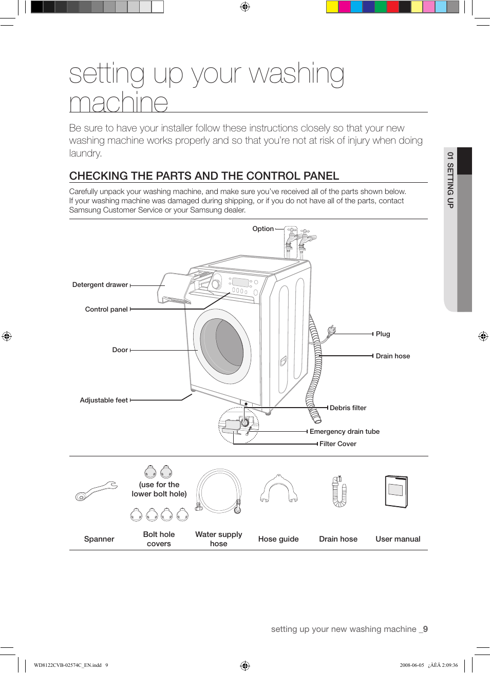 Setting up your washing machine, Checking the parts and the control panel | Samsung WD8122CVD User Manual | Page 9 / 144
