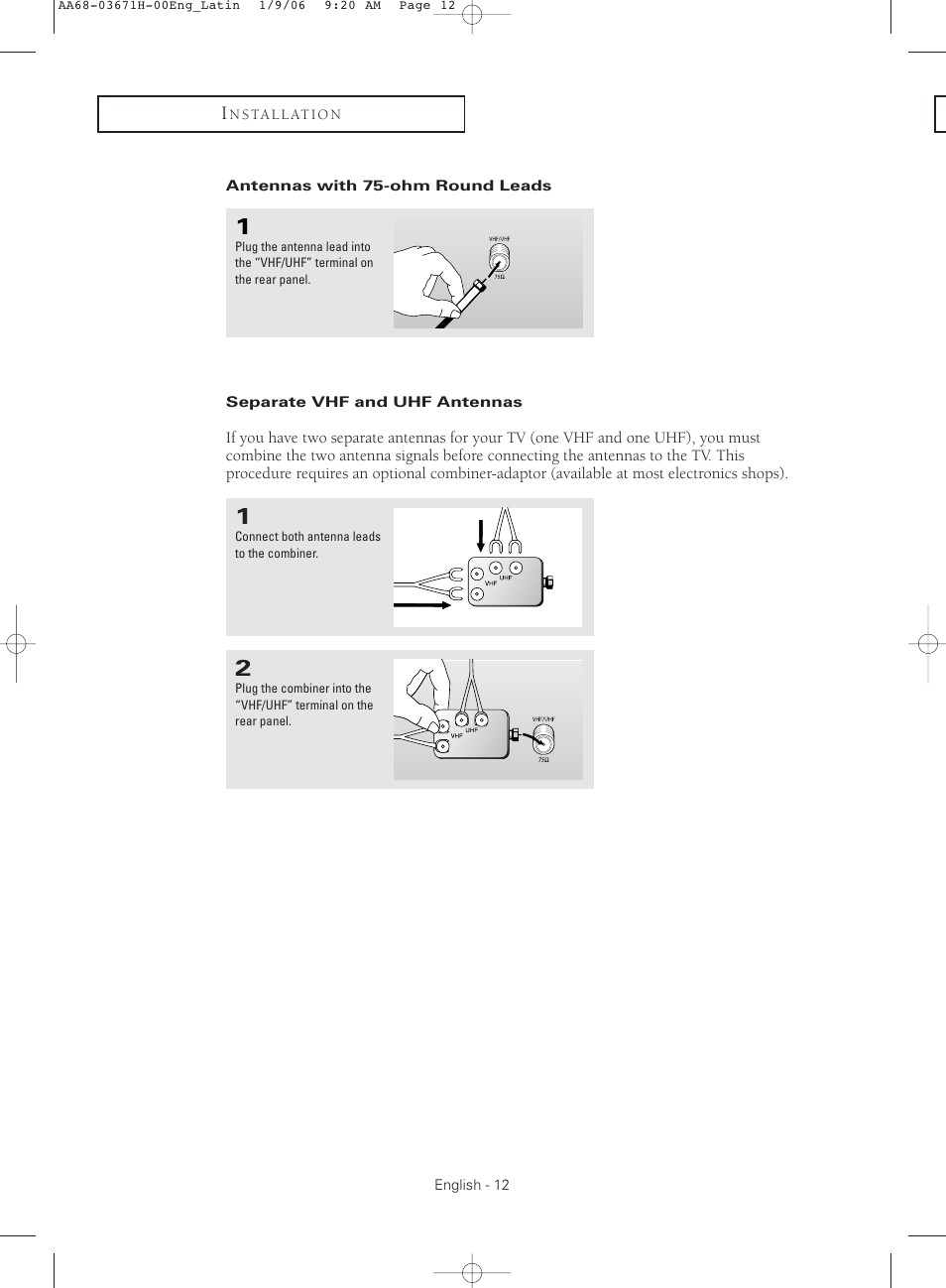 Antennas with 75-ohm round leads, Separate vhf and uhf antennas | Samsung CL21M2 User Manual | Page 12 / 60