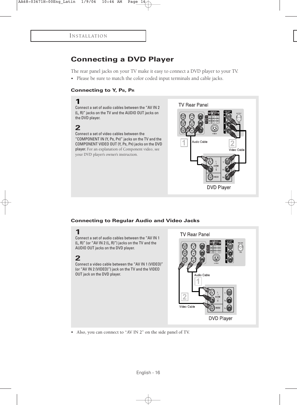 Connecting a dvd player, Connecting to y, pb, pr, Connecting to regular audio and video jacks | Samsung CL21M2 User Manual | Page 16 / 60