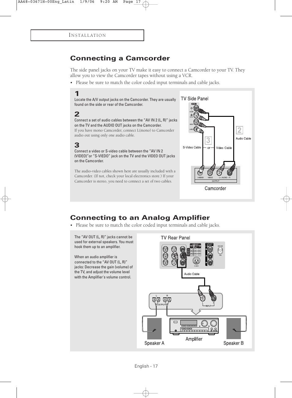 Connecting a camcorder, Connecting to an analog amplifier | Samsung CL21M2 User Manual | Page 17 / 60