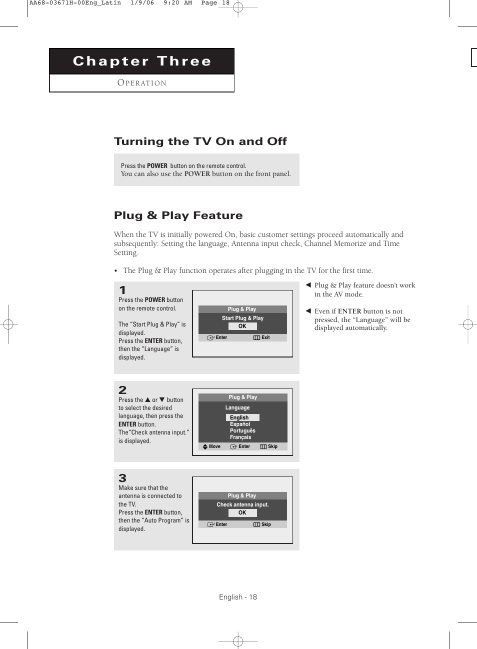 Chapter 3:operation, Turning the tv on and off, Plug & play feature | Samsung CL21M2 User Manual | Page 18 / 60