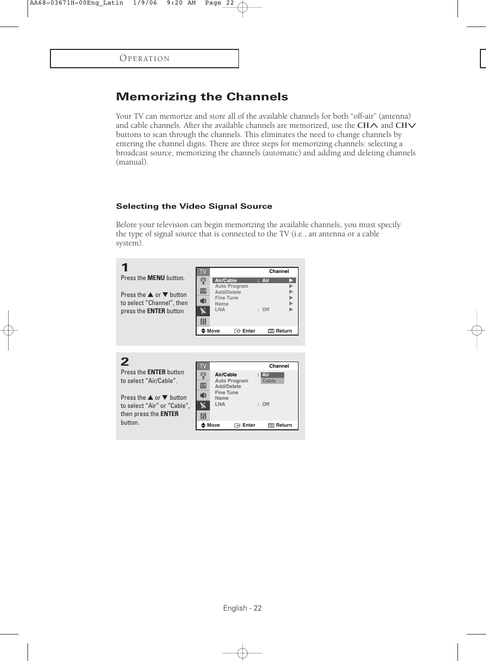 Memorizing the channels, Selecting the video signal source | Samsung CL21M2 User Manual | Page 22 / 60
