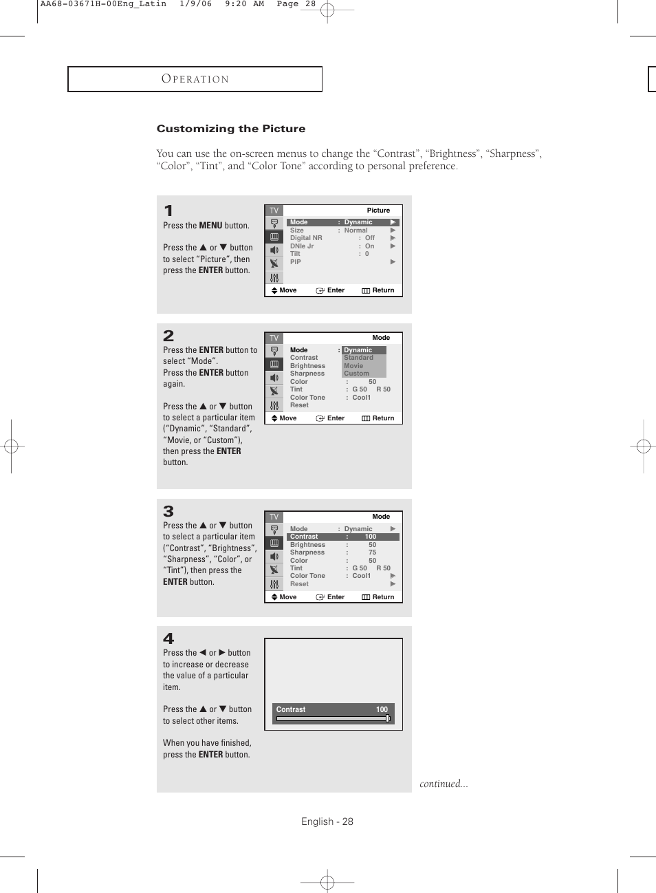 Customizing the picture, Continued | Samsung CL21M2 User Manual | Page 28 / 60