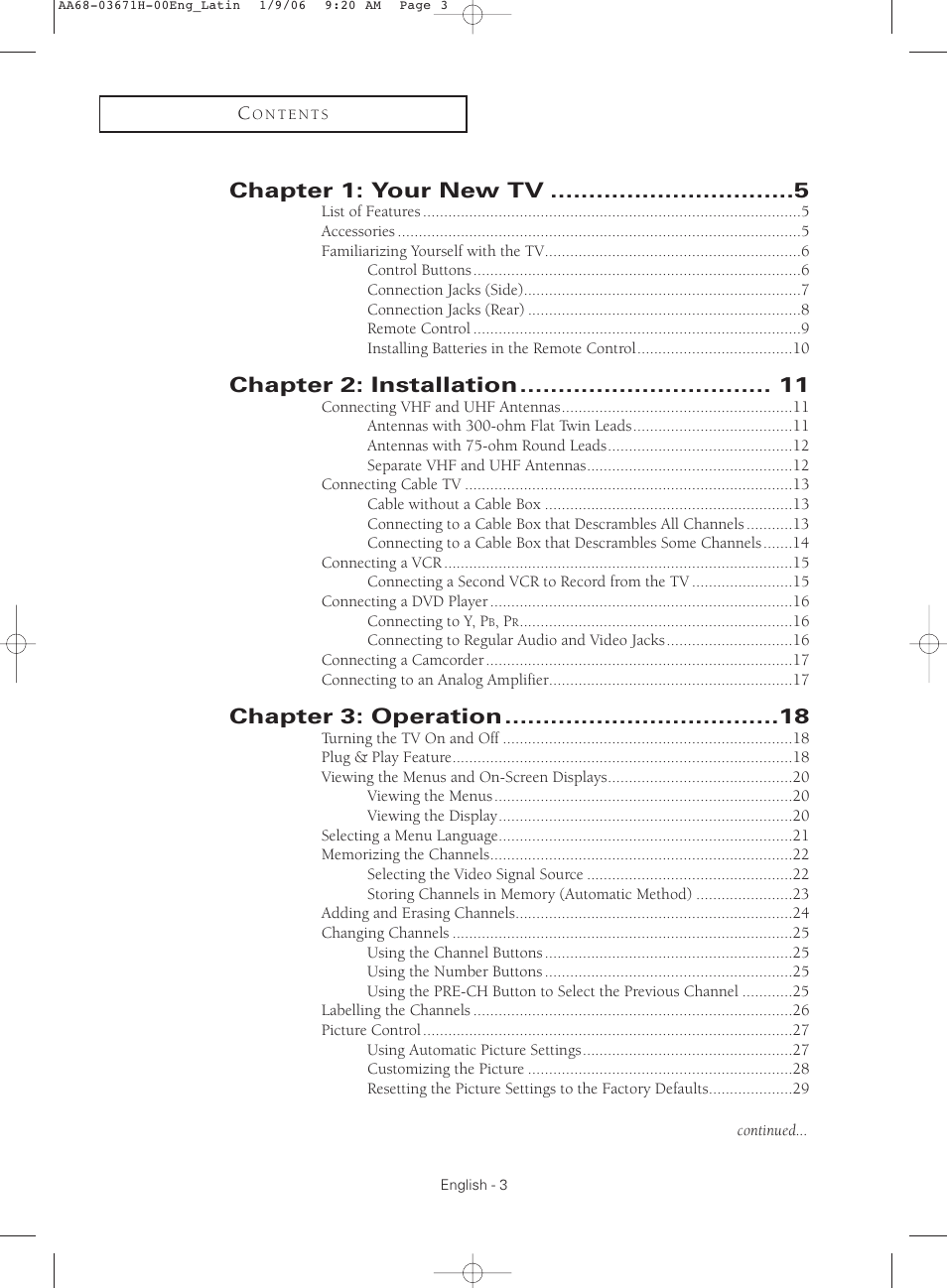 Chapter 1: your new tv, Chapter 2: installation, Chapter 3: operation | Samsung CL21M2 User Manual | Page 3 / 60
