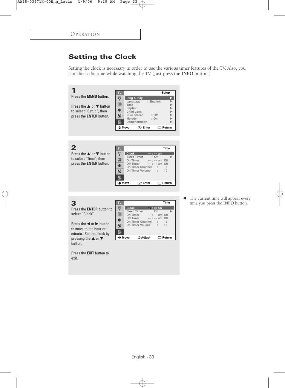 Setting the clock, P e r at i o n, English - 33 | Samsung CL21M2 User Manual | Page 33 / 60