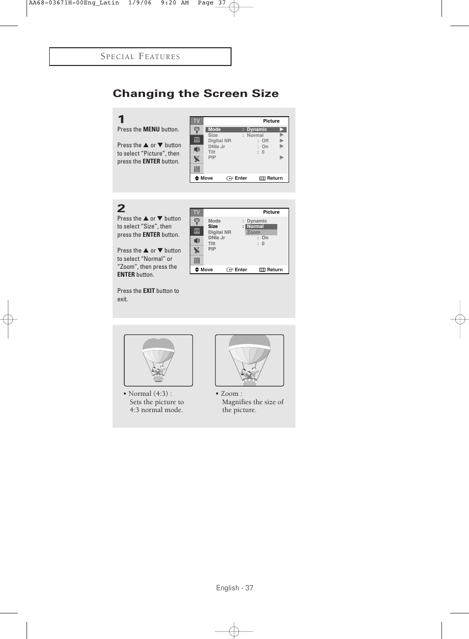 Changing the screen size | Samsung CL21M2 User Manual | Page 37 / 60