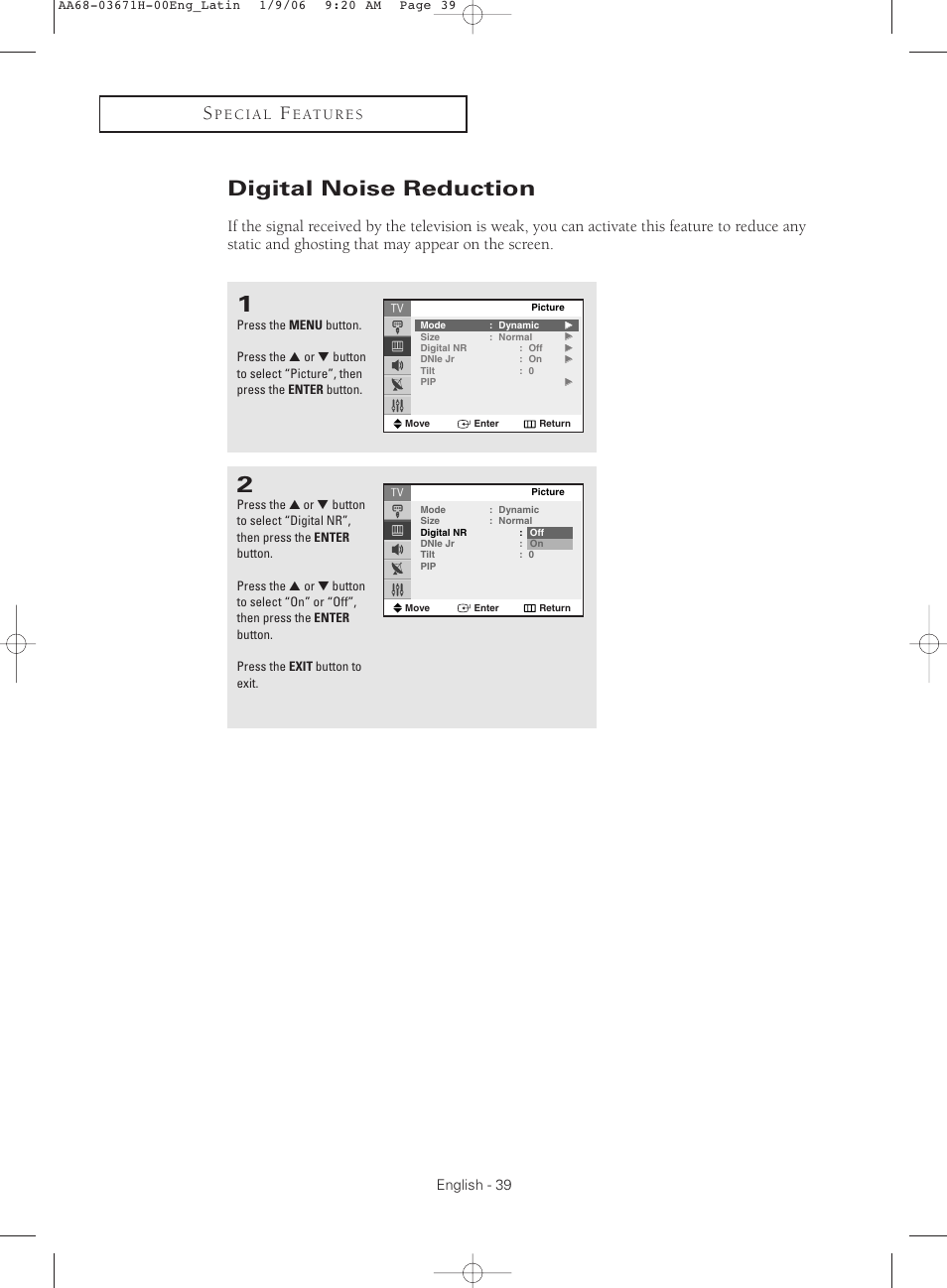 Digital noise reduction | Samsung CL21M2 User Manual | Page 39 / 60
