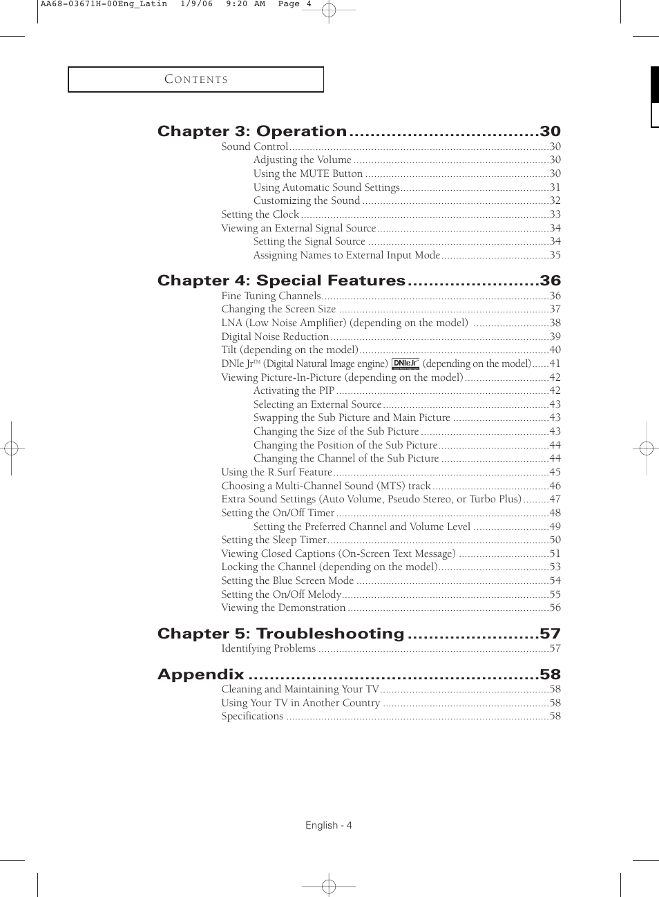 Chapter 3: operation, Chapter 4: special features, Chapter 5: troubleshooting | Appendix | Samsung CL21M2 User Manual | Page 4 / 60