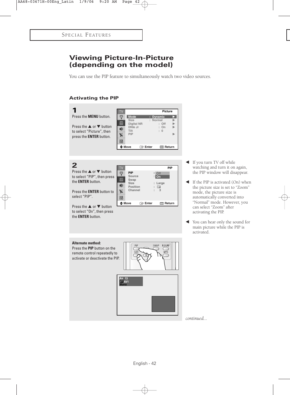 Viewing picture-in-picture(depending on the model), Activating the pip, Continued | Samsung CL21M2 User Manual | Page 42 / 60