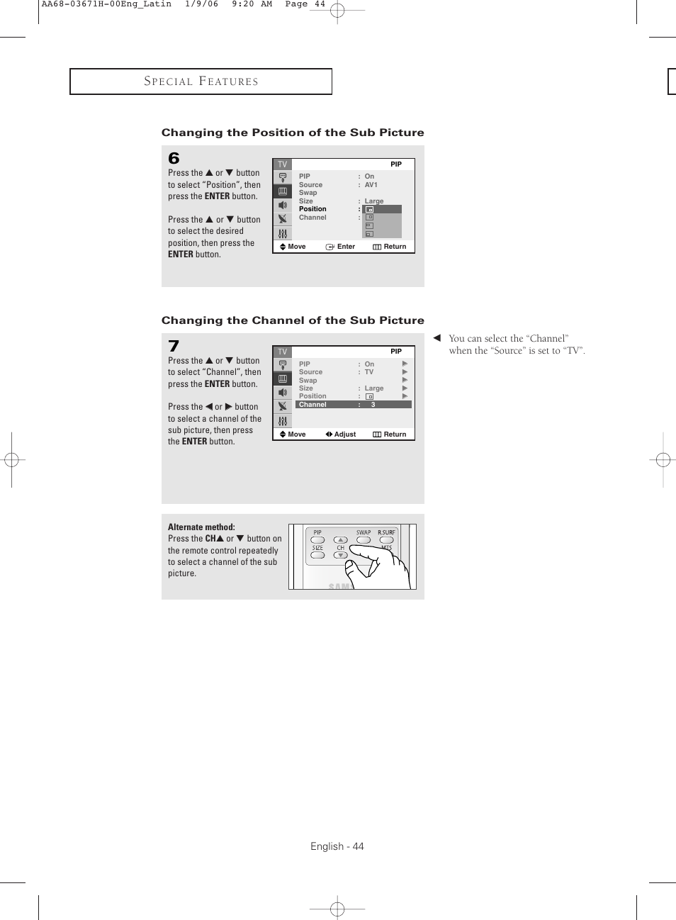 Changing the position of the sub picture, Changing the channel of the sub picture | Samsung CL21M2 User Manual | Page 44 / 60