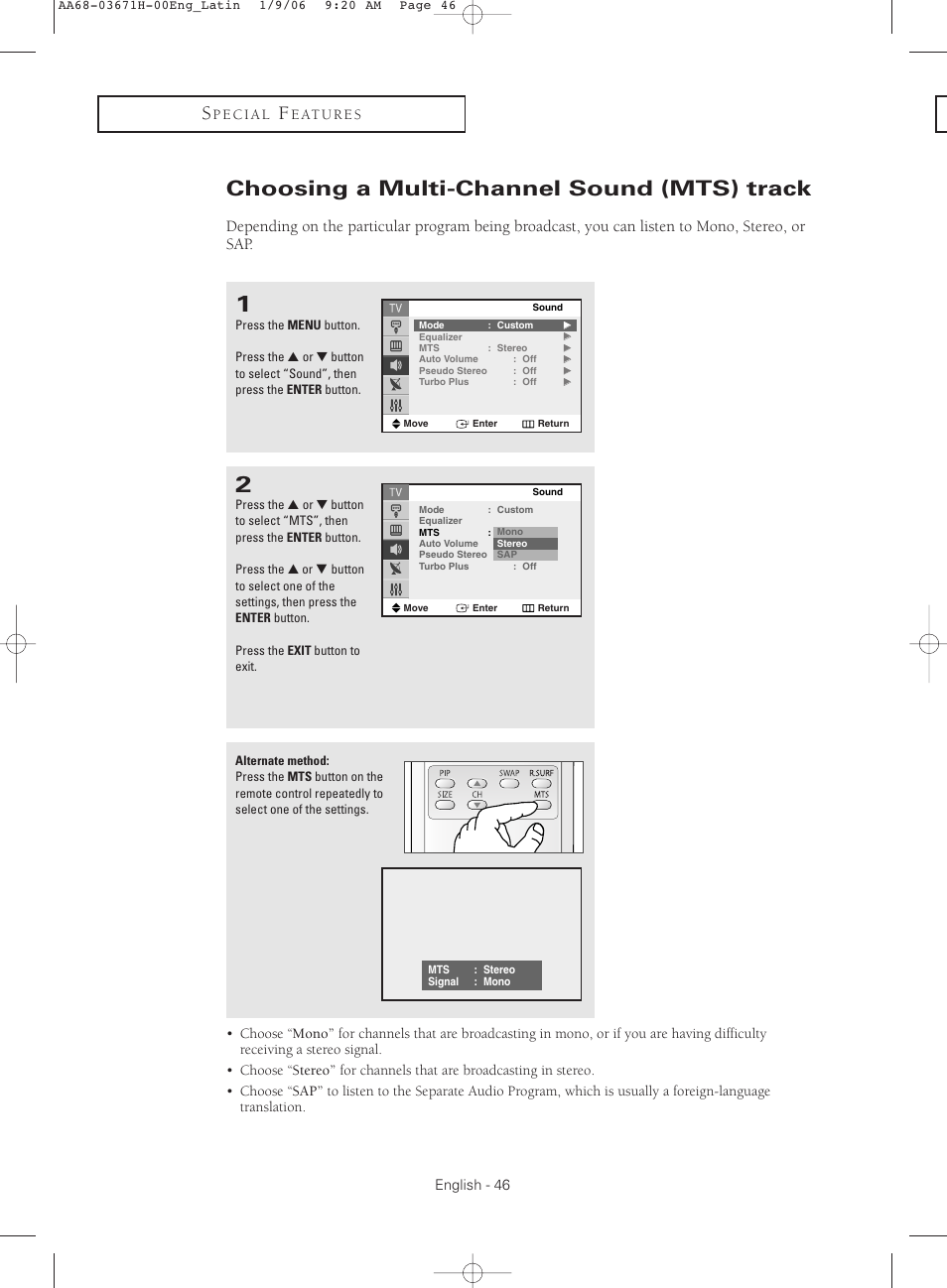Choosing a multi-channel sound(mts) track, Choosing a multi-channel sound (mts) track | Samsung CL21M2 User Manual | Page 46 / 60