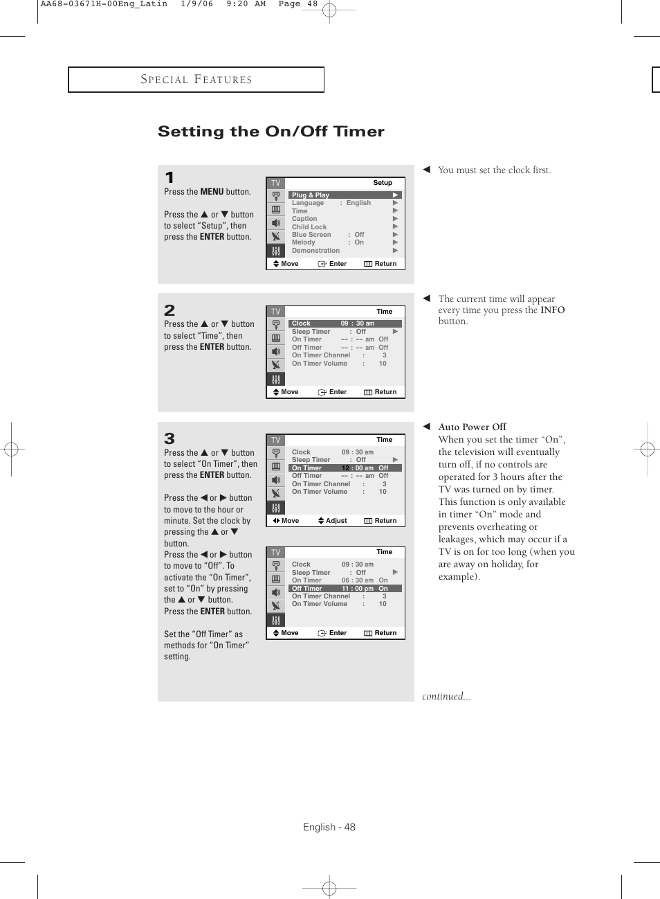 Setting the on/off timer, Continued | Samsung CL21M2 User Manual | Page 48 / 60