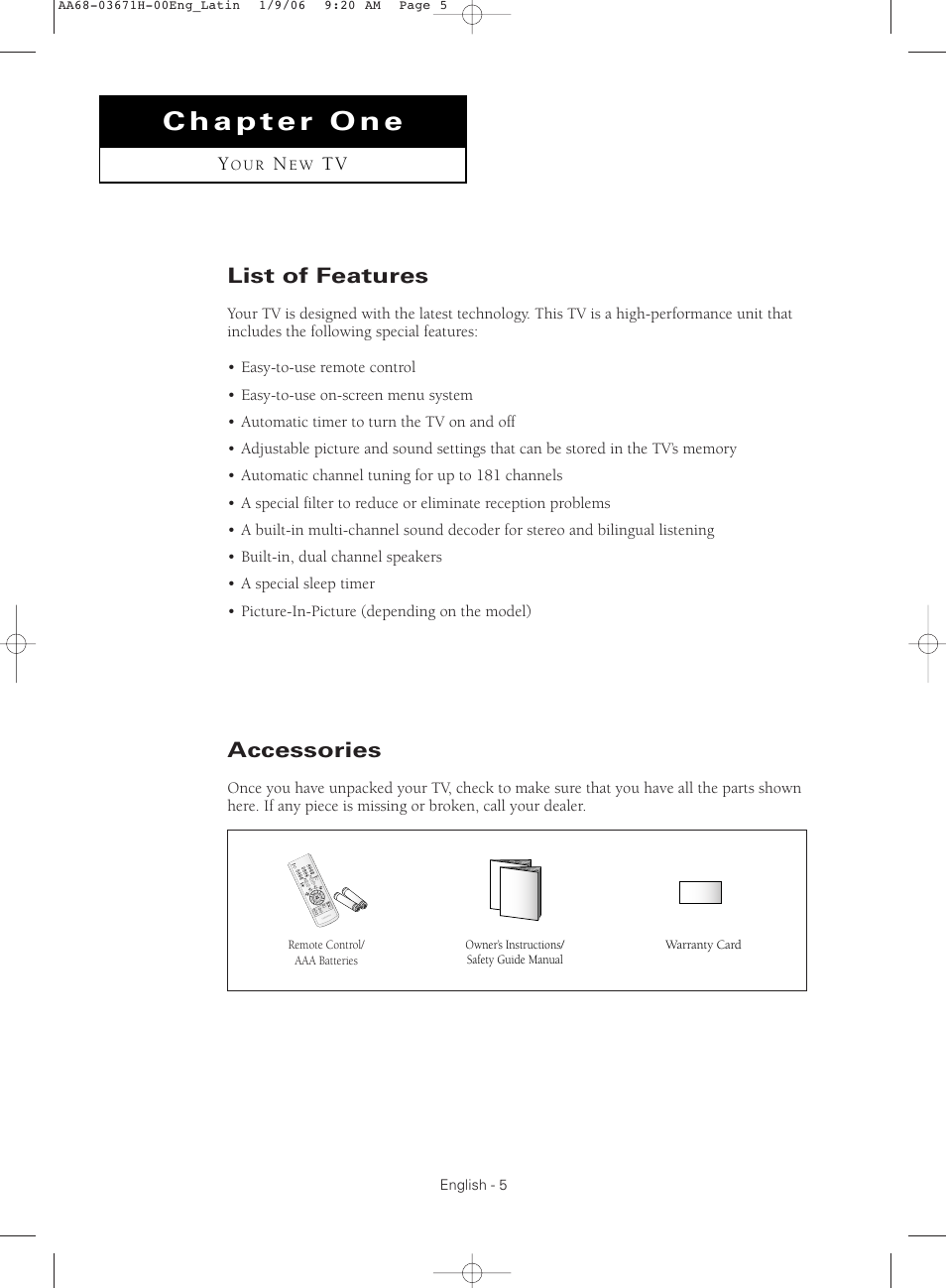 Chapter 1:your new tv, List of features, Accessories | Samsung CL21M2 User Manual | Page 5 / 60