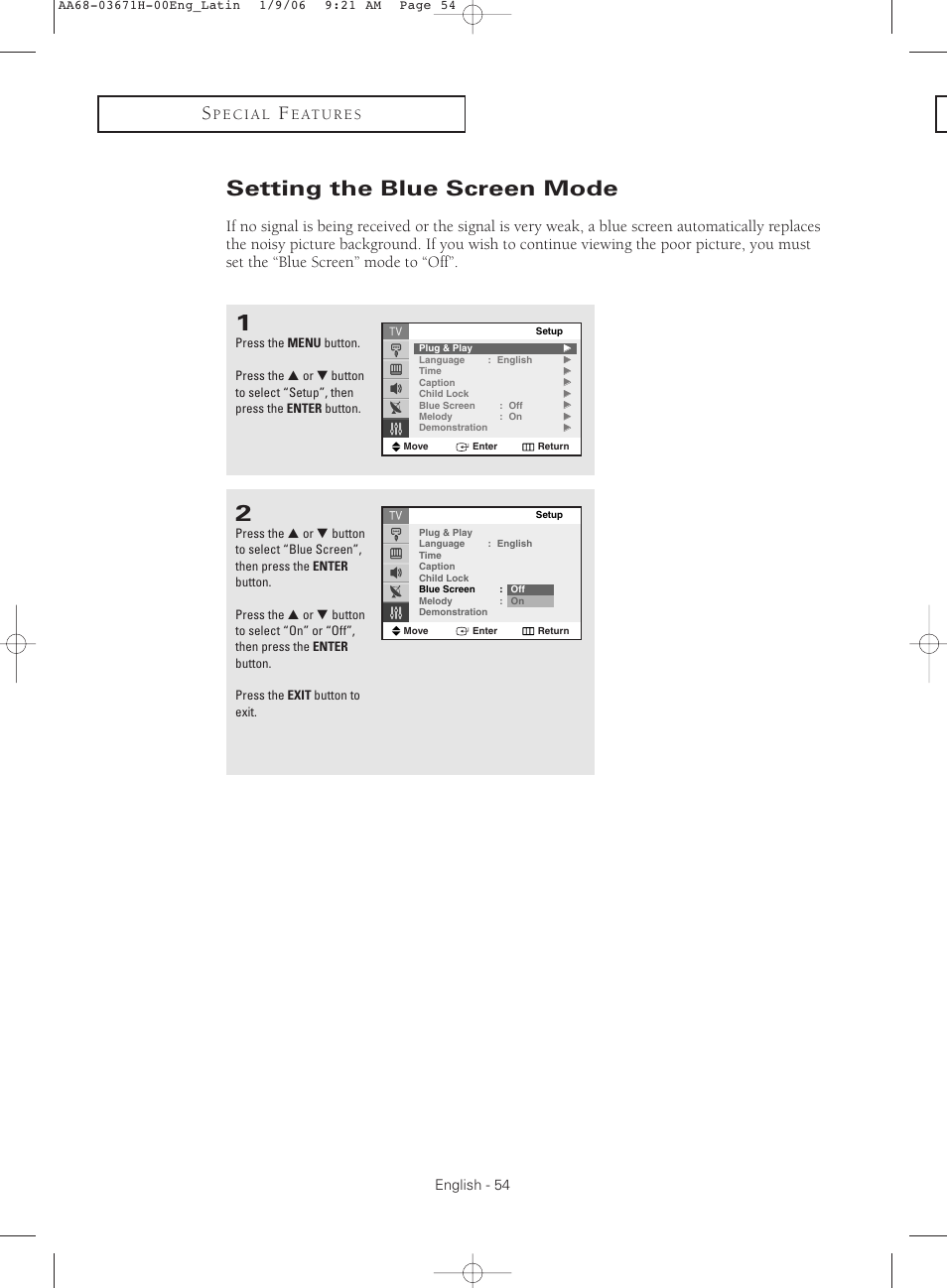 Setting the blue screen mode | Samsung CL21M2 User Manual | Page 54 / 60