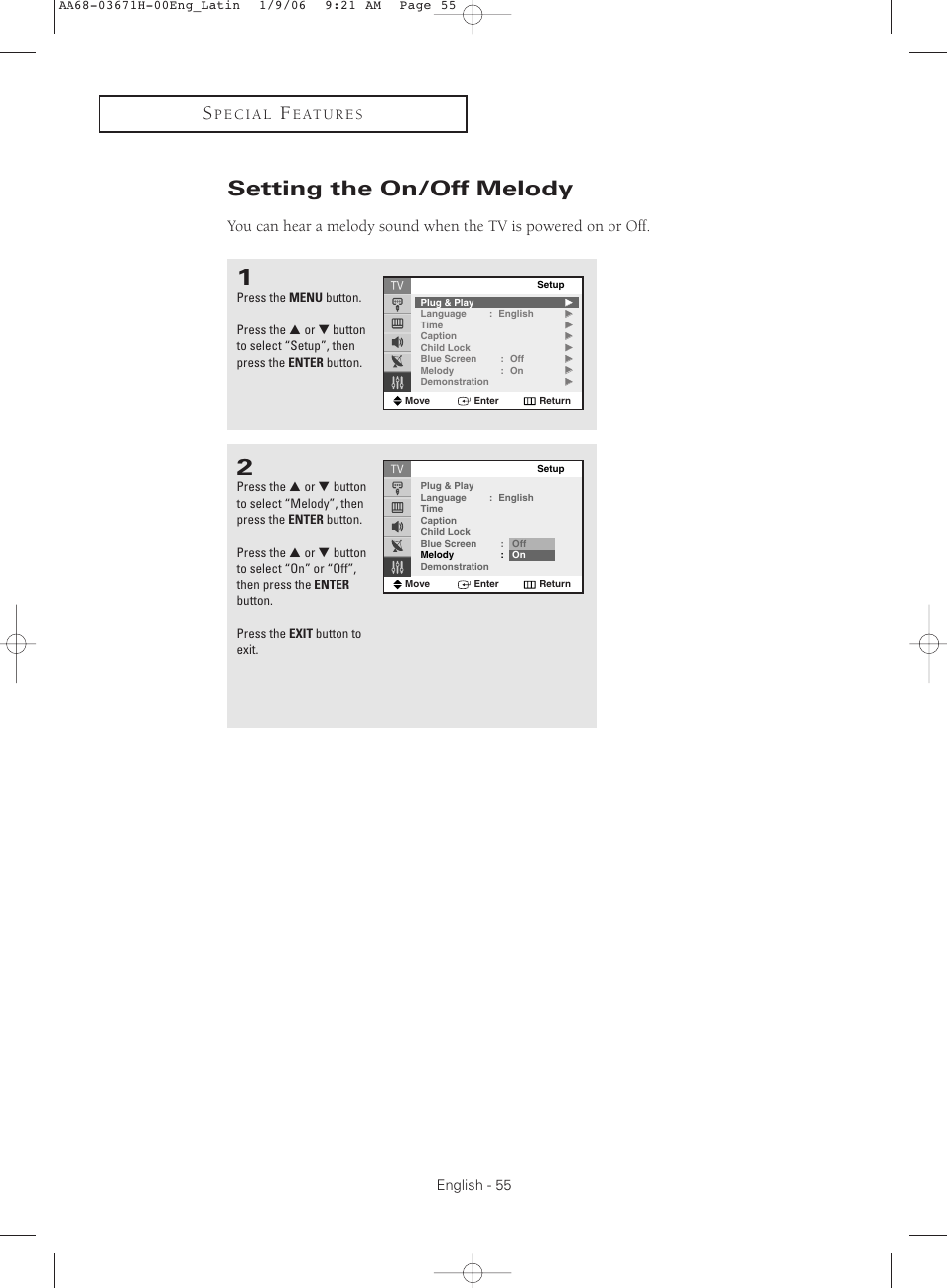 Setting the on/off melody | Samsung CL21M2 User Manual | Page 55 / 60