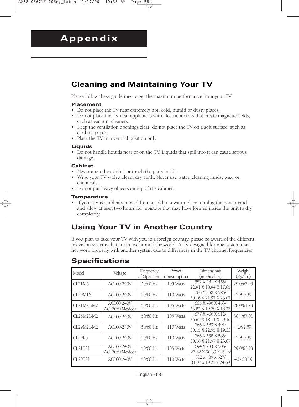 Appendix, Cleaning and maintaining your tv, Using your tv in another country | Specifications | Samsung CL21M2 User Manual | Page 58 / 60