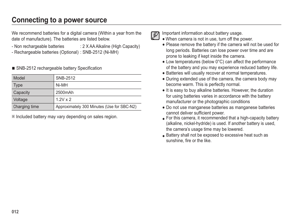 Connecting to a power source | Samsung ES25 User Manual | Page 13 / 96