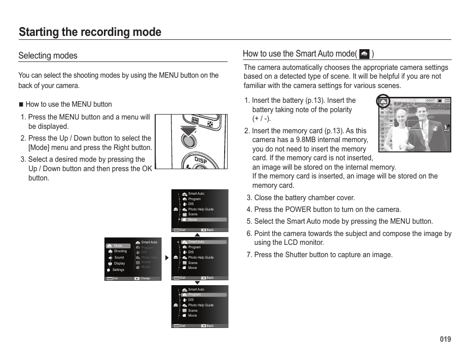 Starting the recording mode, How to use the smart auto mode( ) selecting modes | Samsung ES25 User Manual | Page 20 / 96