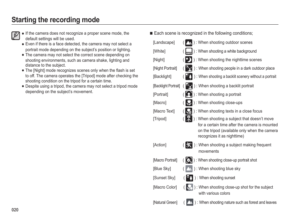 Starting the recording mode | Samsung ES25 User Manual | Page 21 / 96