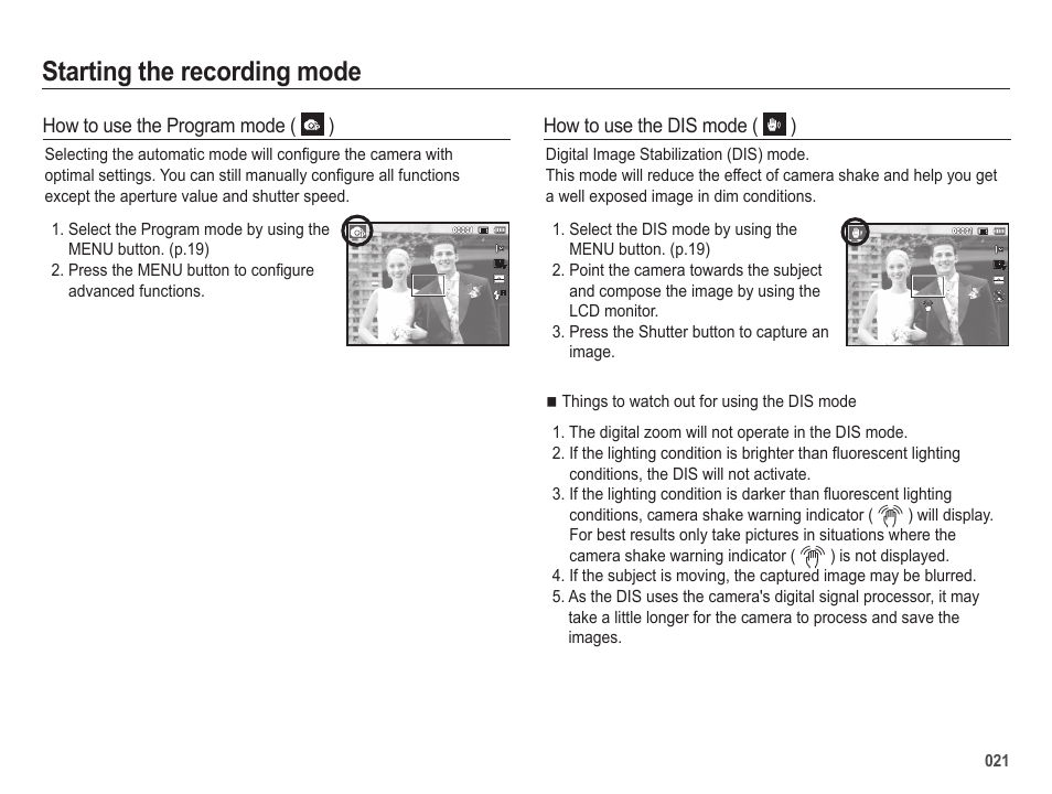 Starting the recording mode | Samsung ES25 User Manual | Page 22 / 96