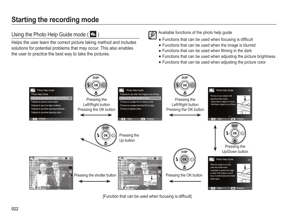 Starting the recording mode, Using the photo help guide mode ( ), Available functions of the photo help guide | Samsung ES25 User Manual | Page 23 / 96