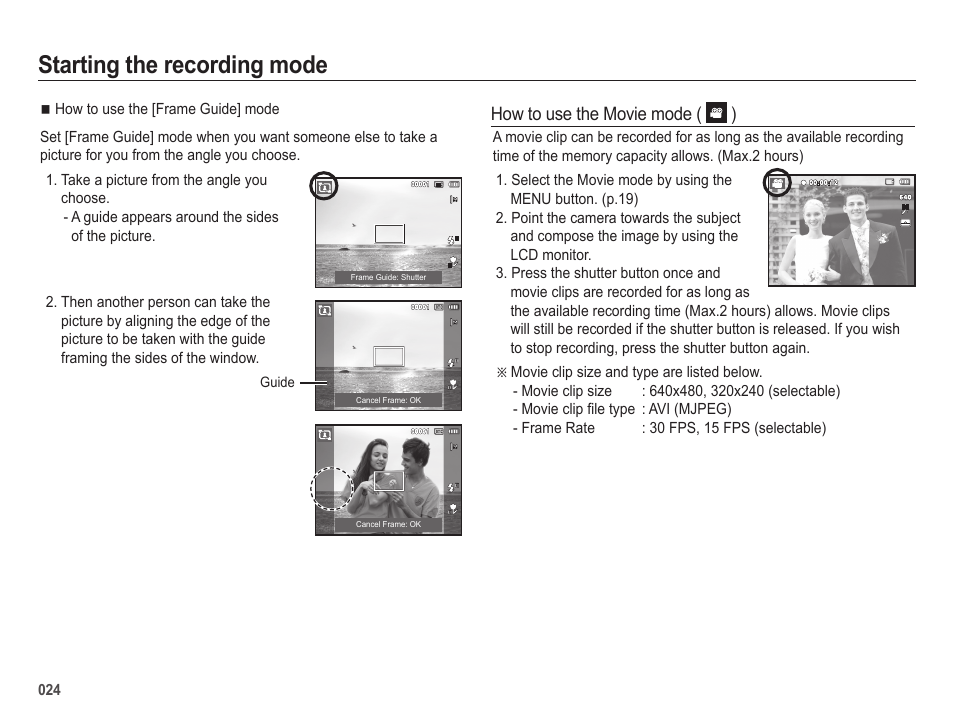 Starting the recording mode | Samsung ES25 User Manual | Page 25 / 96