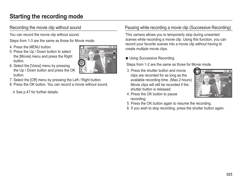 Starting the recording mode | Samsung ES25 User Manual | Page 26 / 96