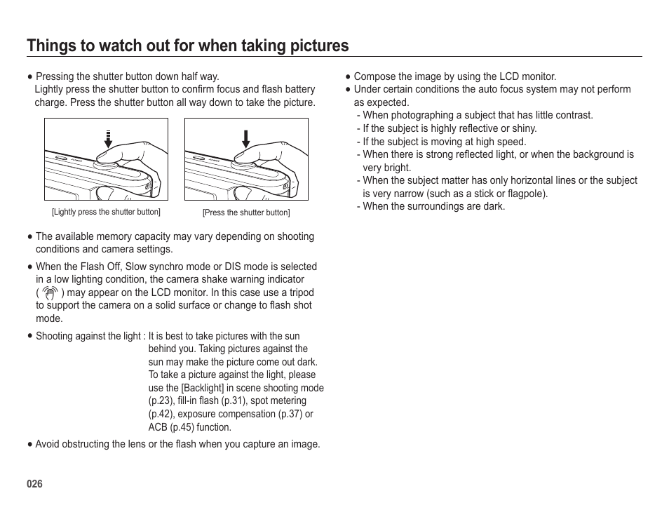 Things to watch out for when taking pictures | Samsung ES25 User Manual | Page 27 / 96