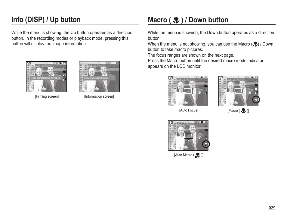 Macro ( ) / down button, Info (disp) / up button | Samsung ES25 User Manual | Page 30 / 96