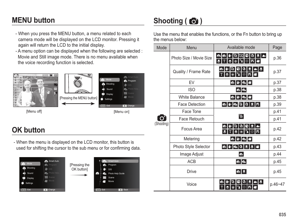 Menu button, Shooting ( ) ok button | Samsung ES25 User Manual | Page 36 / 96