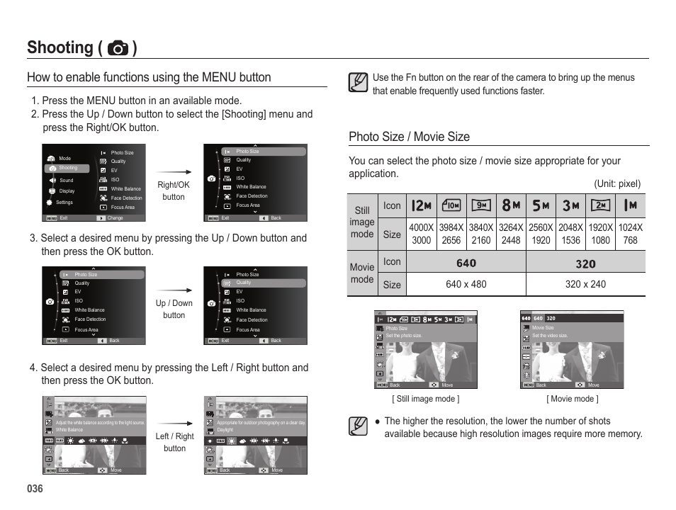 Shooting ( ), How to enable functions using the menu button, Photo size / movie size | Samsung ES25 User Manual | Page 37 / 96