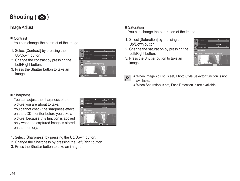 Shooting ( ), Image adjust | Samsung ES25 User Manual | Page 45 / 96