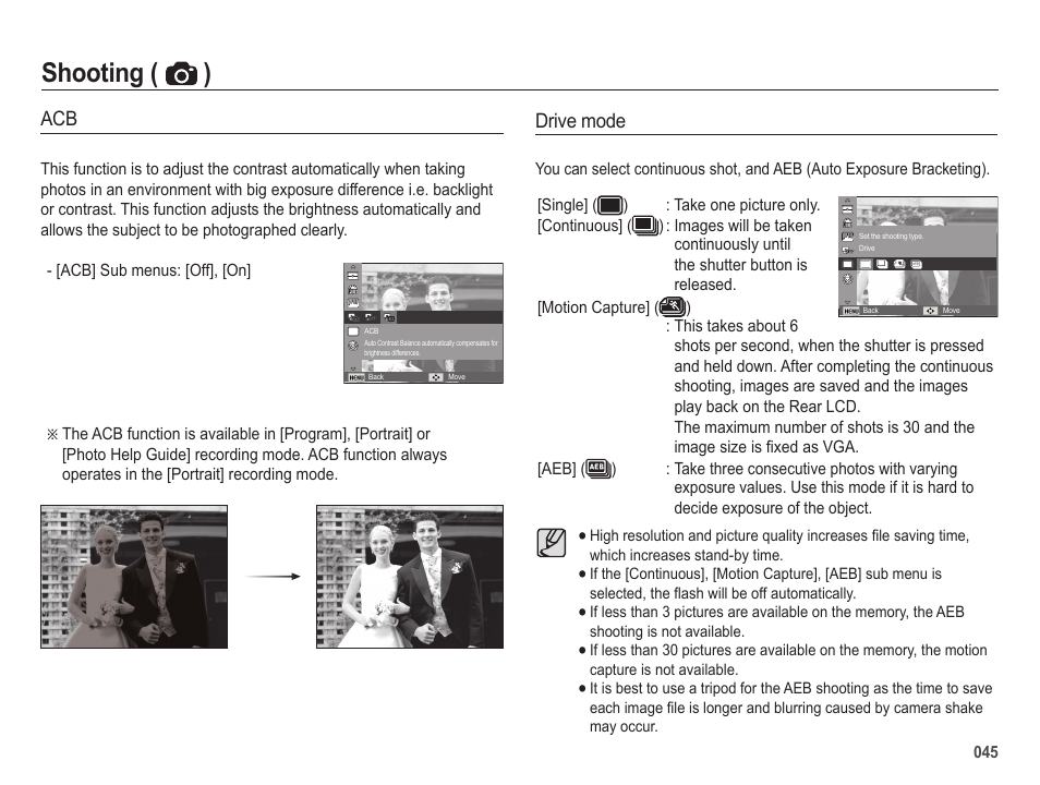 Shooting ( ), Drive mode | Samsung ES25 User Manual | Page 46 / 96