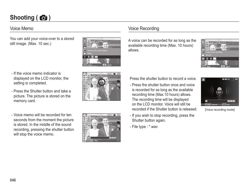 Shooting ( ), Voice recording | Samsung ES25 User Manual | Page 47 / 96